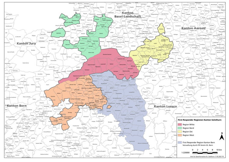 Solothurner Karte mit den First Responder Regionen Mitte, Nord, Ost und West